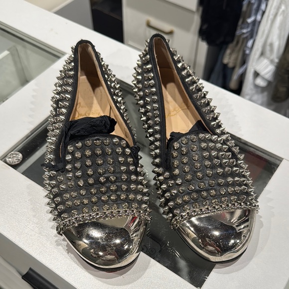 Christian Louboutin Black and Silver Studded Loafers - Picture 1 of 4